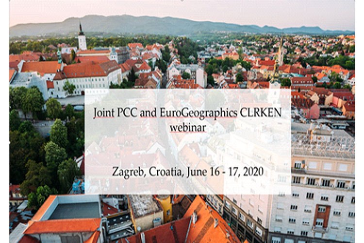 Slika Fotografija centra grada Zagreba s transparentnim pravokutnikom na kojem piše Joint PCC EuroGeographic CLRKEN webinar, Zagreb, Croatia, June 16-17, 2020.