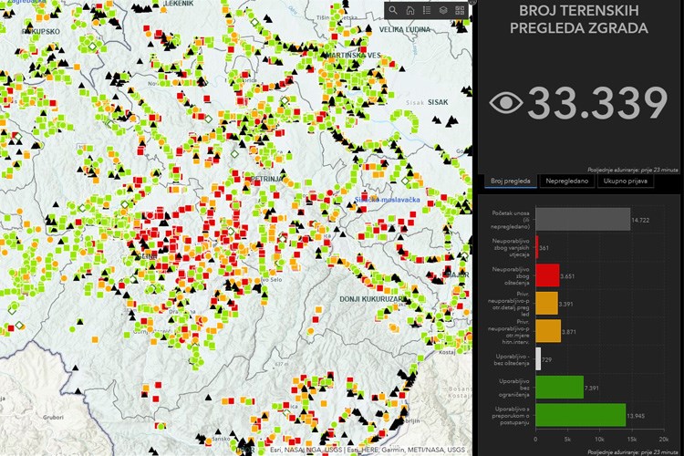 Slika Print screen iz aplikacije Potres s podatkom o broju terenskog pregleda zgrada.